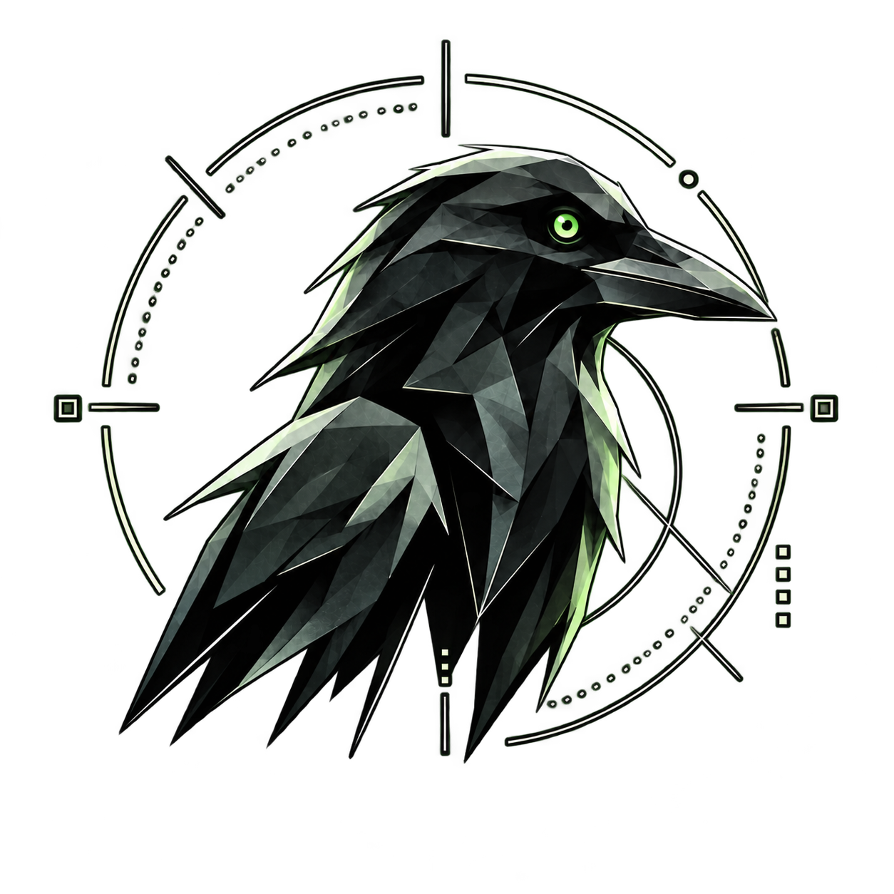 The CORVUS raven, with geometric feathers and a circular observation reticle.
